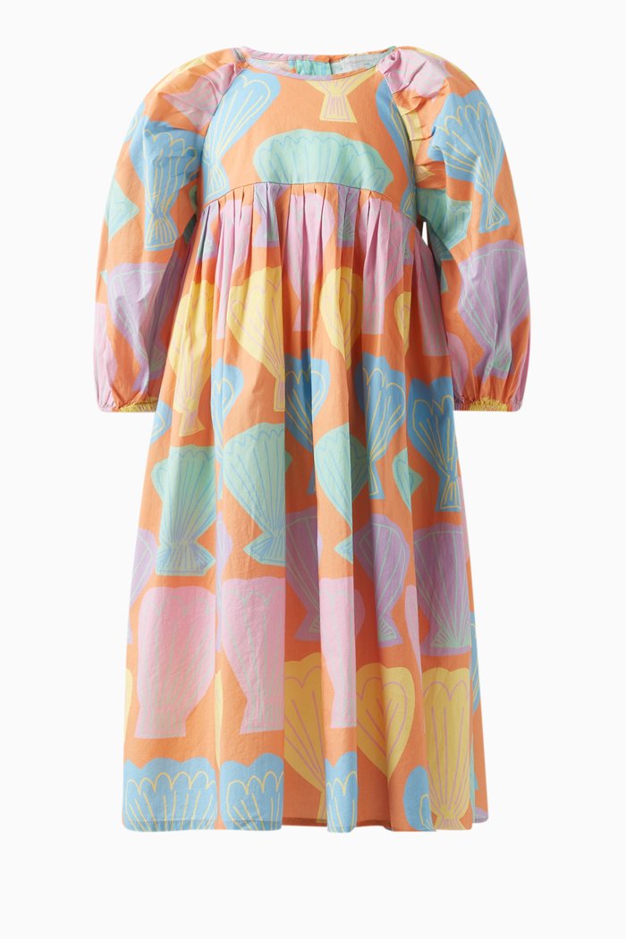 

Seashell-print Puff Sleeve Dress in Organic Cotton, Orange