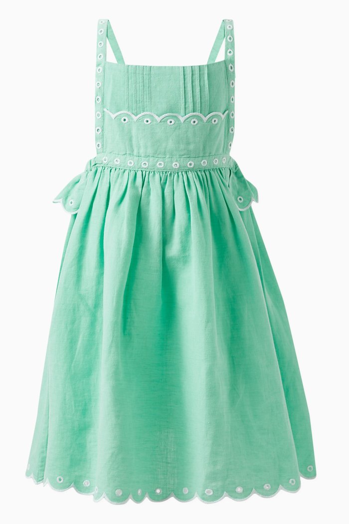 

Scallop Edge Embroidered Dress in Cotton-linen Blend, Green