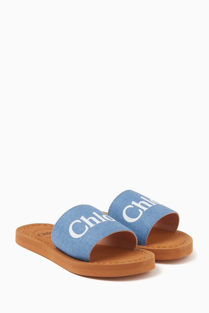 Aqua Logo-print Slides in Canvas & Leather, Blue