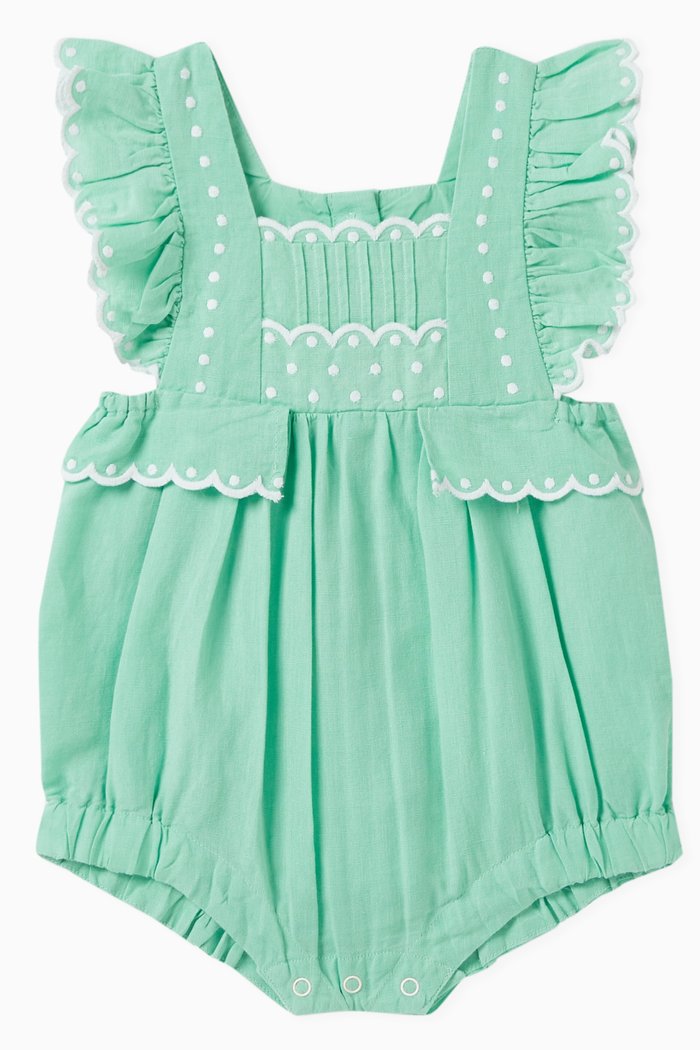 

Ruffle-trim Romper in Cotton-linen blend, Green