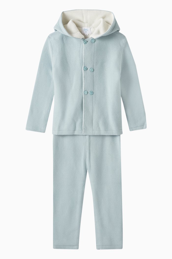Hooded Cardigan & Pants Set in Cotton Knit, Blue