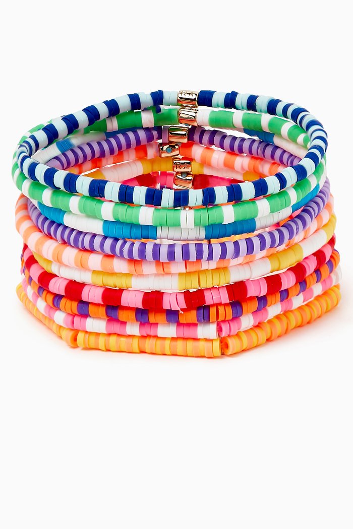 

Technicolour Stripe Bracelet Bunch in Beads, Set of 10, Multicolour