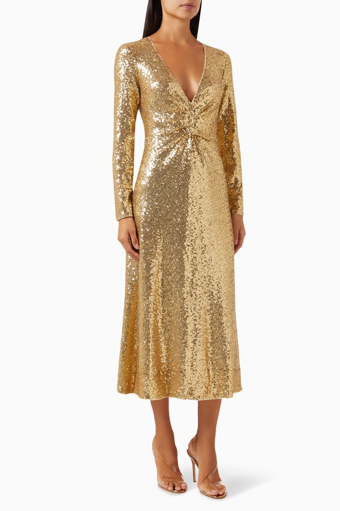Azariah Midi Dress in Sequins, Gold