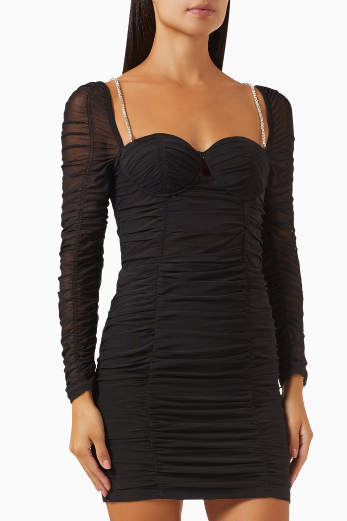 

Everett Mini Dress in Ruched Mesh, Black