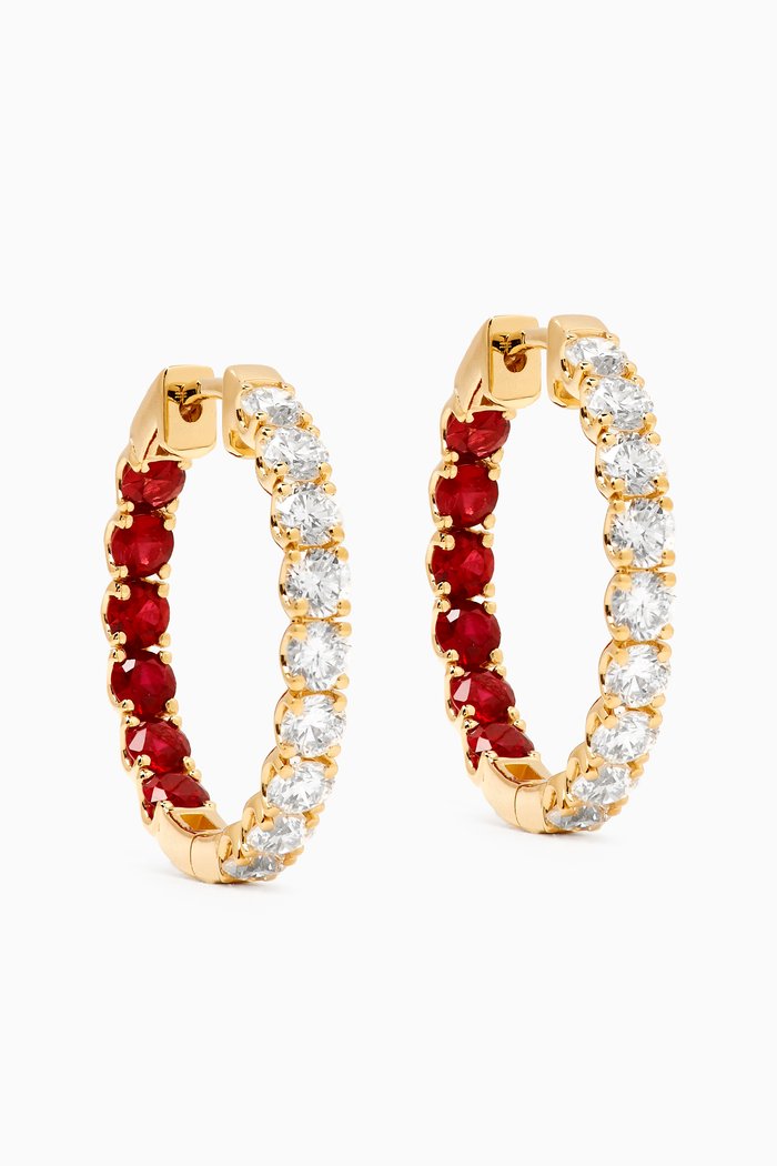 Crescent Ruby & Diamond Hoop Earrings in 18kt Yellow Gold, Red