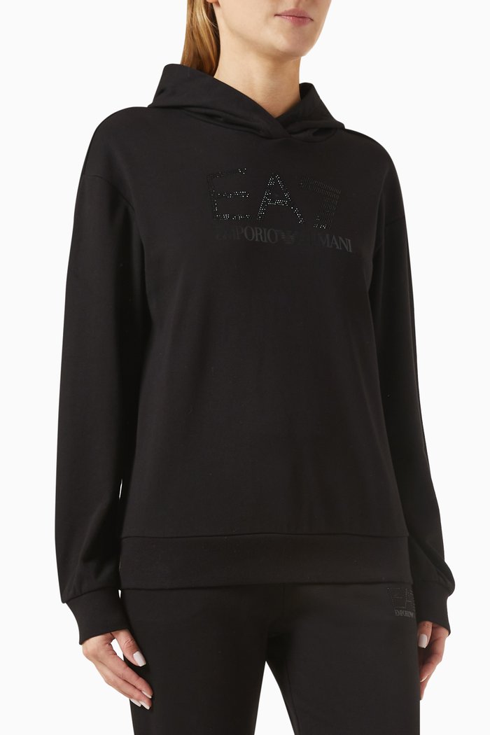 

EA7 Logo Strass Hooded Sweatshirt in Jersey, Black
