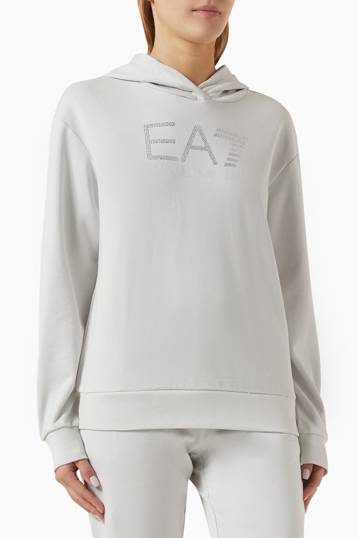 

EA7 Logo Strass Hooded Sweatshirt in Jersey, Grey