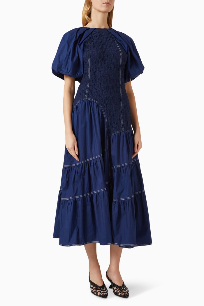 

Ruched Gathered Dress in Cotton, Blue