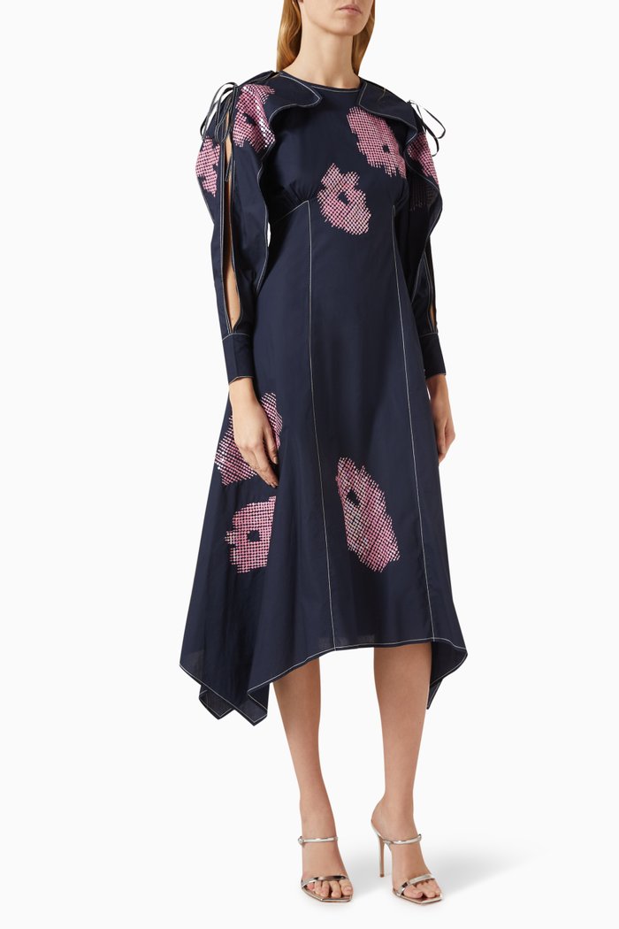 

Embellished Shoulder Tie Dress in Cotton, Blue