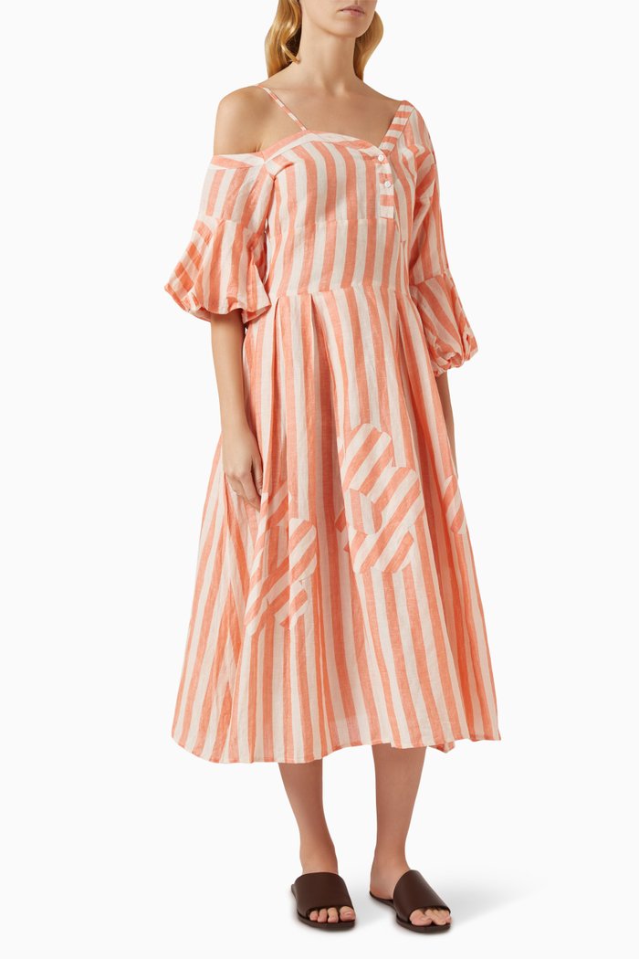 

Off-shoulder Stripe Dress in Linen, Orange