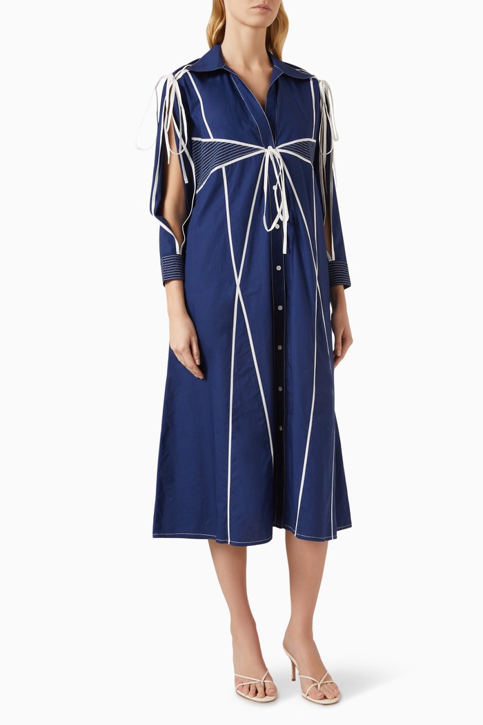 

Slotted Maxi Shirt Dress in Cotton, Blue