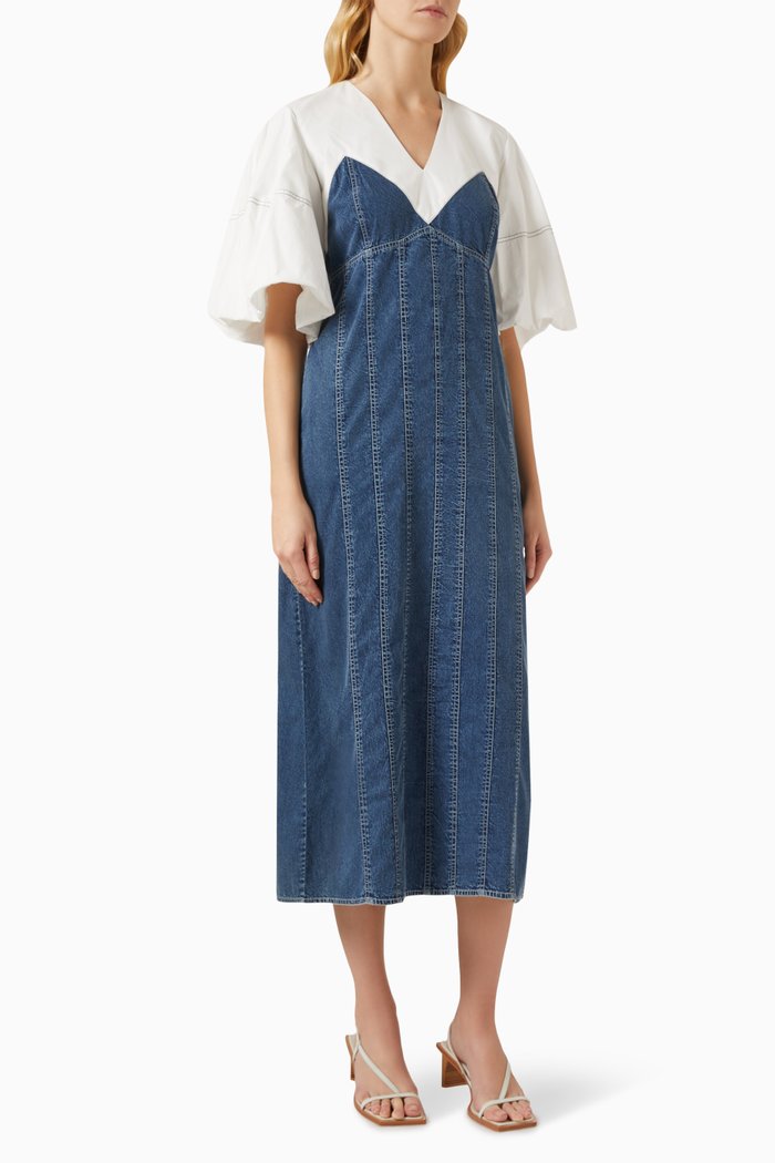 Pannelled Denim Dress in Cotton, Blue