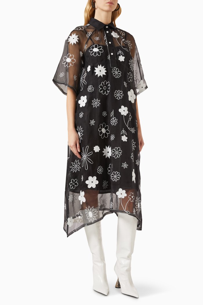 

Embroidered Midi Dress in Silk Organza, Black