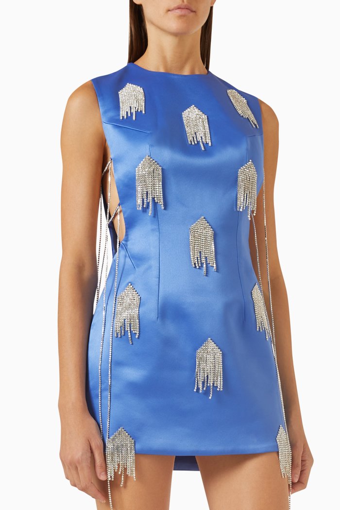 

Onirique Crystal-embellished Fringe Mini Dress in Satin, Blue