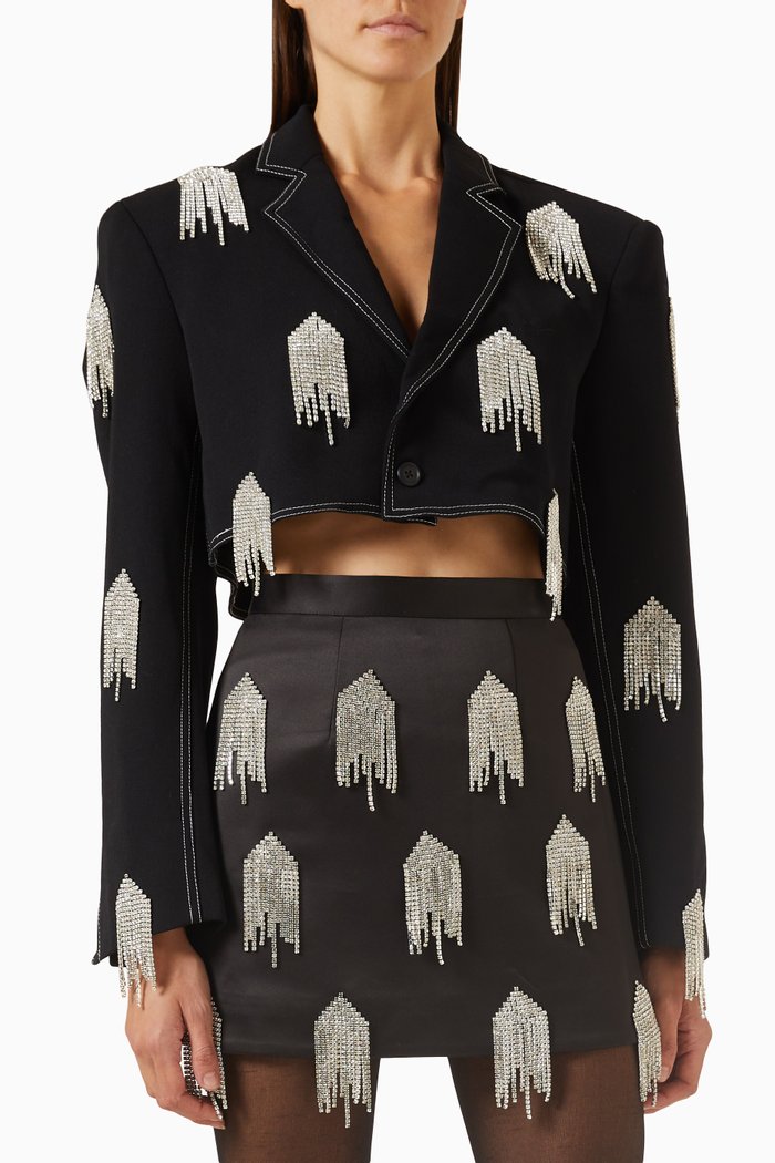 

Sepal Crystal-embellished Fringe Cropped Jacket, Black