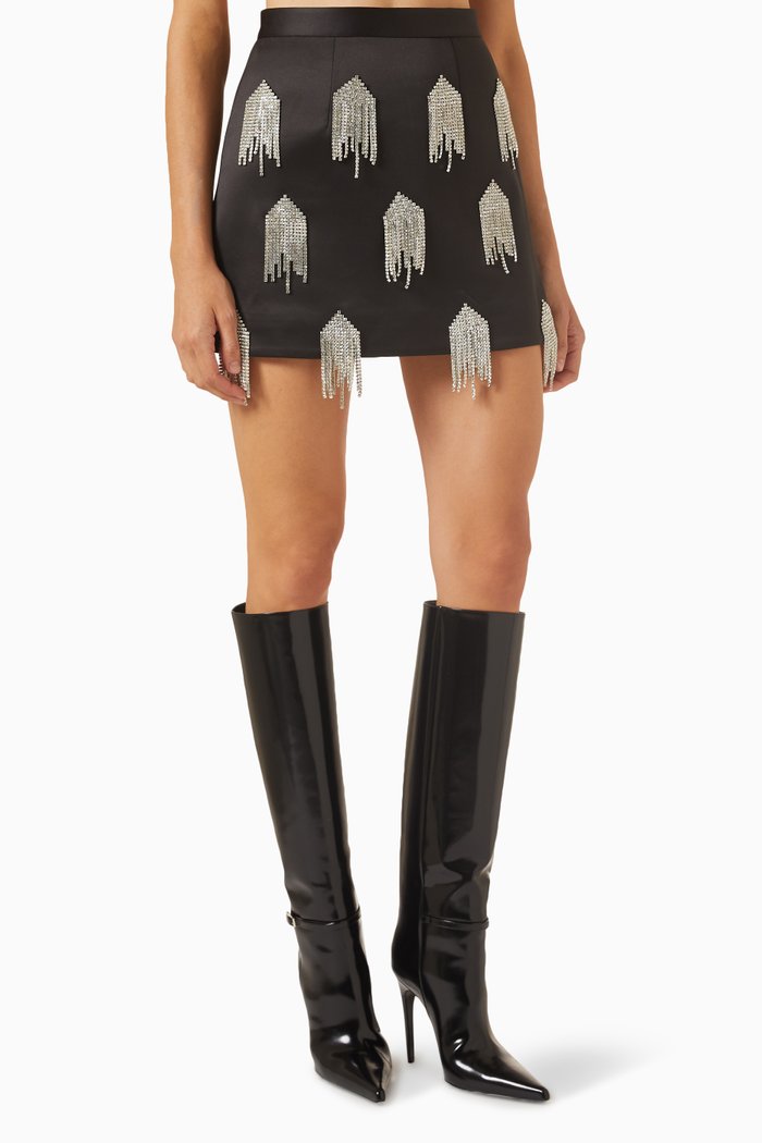 Bloom Crystal-embellished Fringe Mini Skirt in Satin, Black