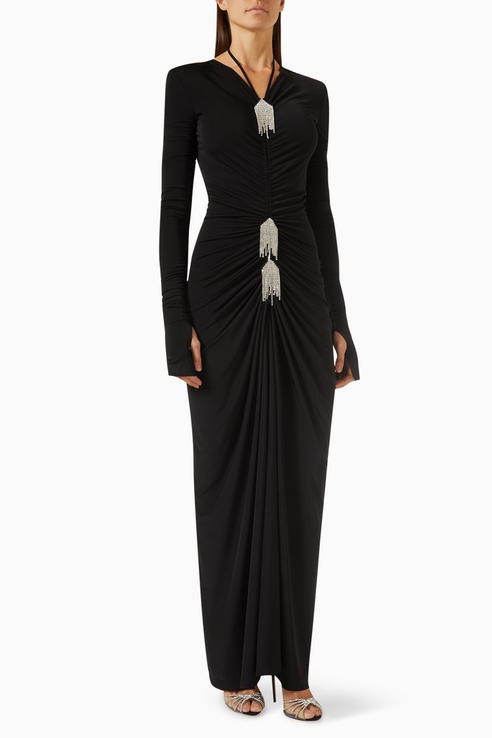 

Foliage Crystal-embellished Fringe Dress in Stretch-jersey, Black