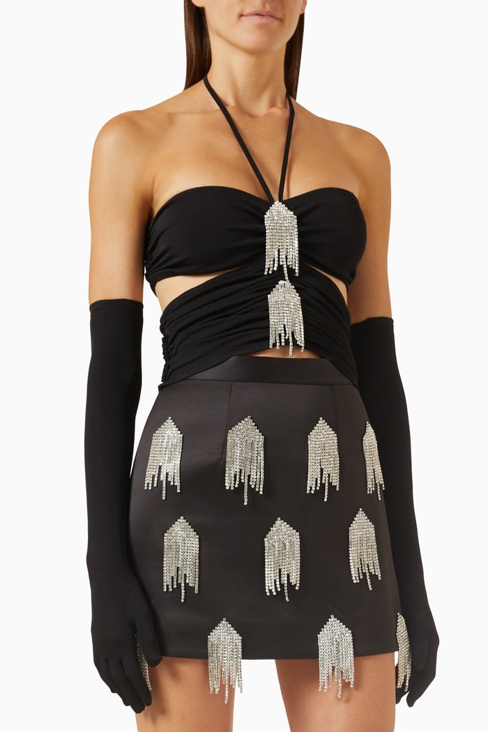 Foliage Crystal-embellished Fringe Cami Top in Stretch-jersey, Black