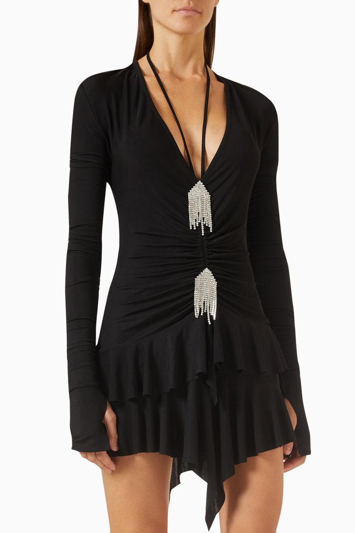

Foliage Crystal-embellished Fringe Mini Dress in Stretch-jersey, Black