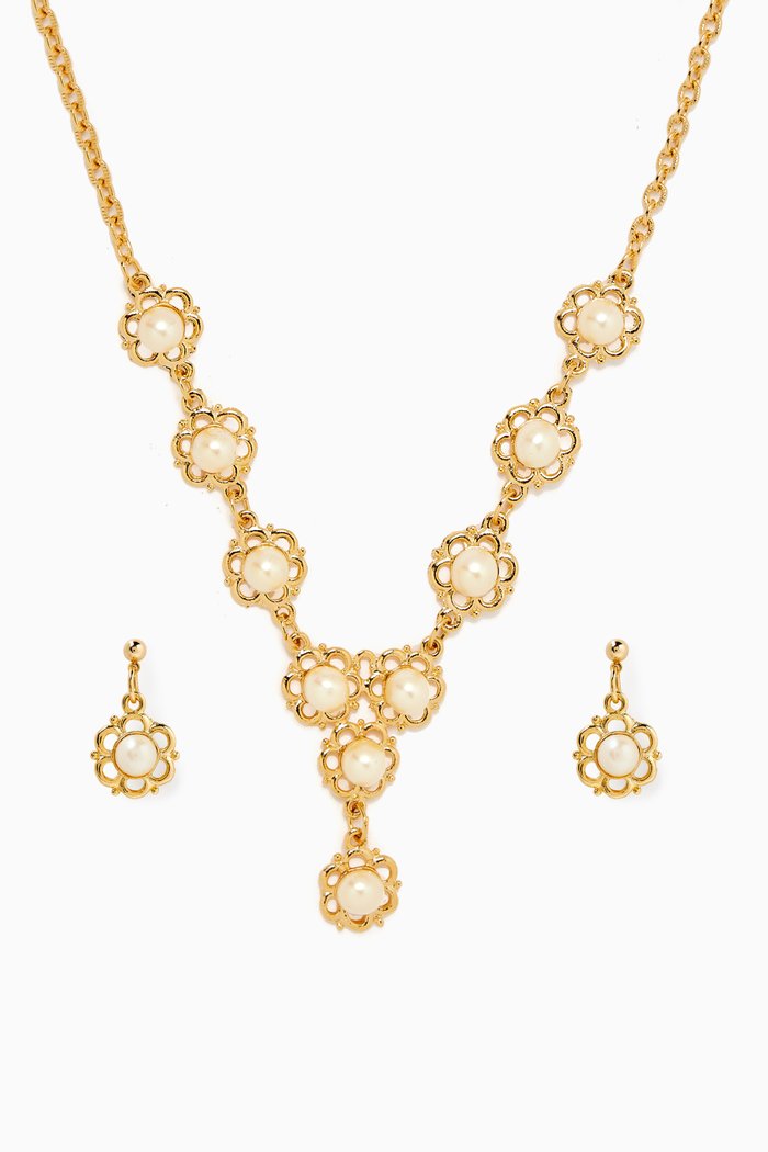 

Rediscovered 1980s Vintage Faux Pearl Necklace & Earrings Set, Gold