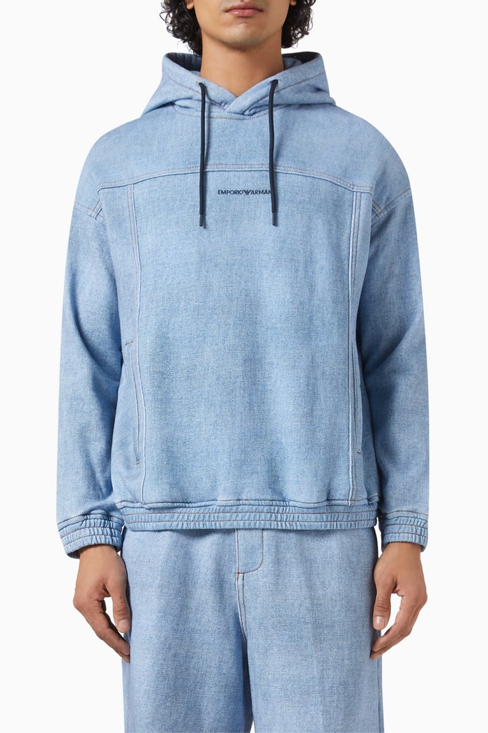 

Denim-print Hooded Sweatshirt in Jersey, Blue