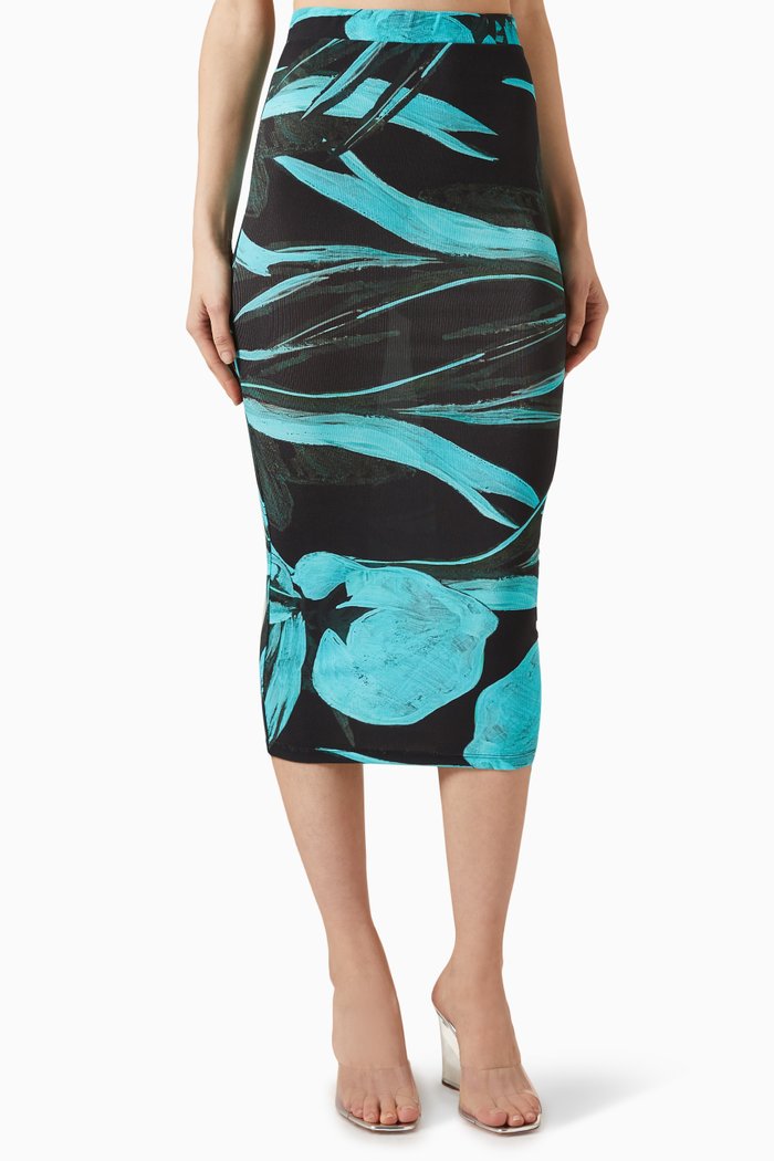 

Printed Ribbed Midi Skit in Knit, Blue