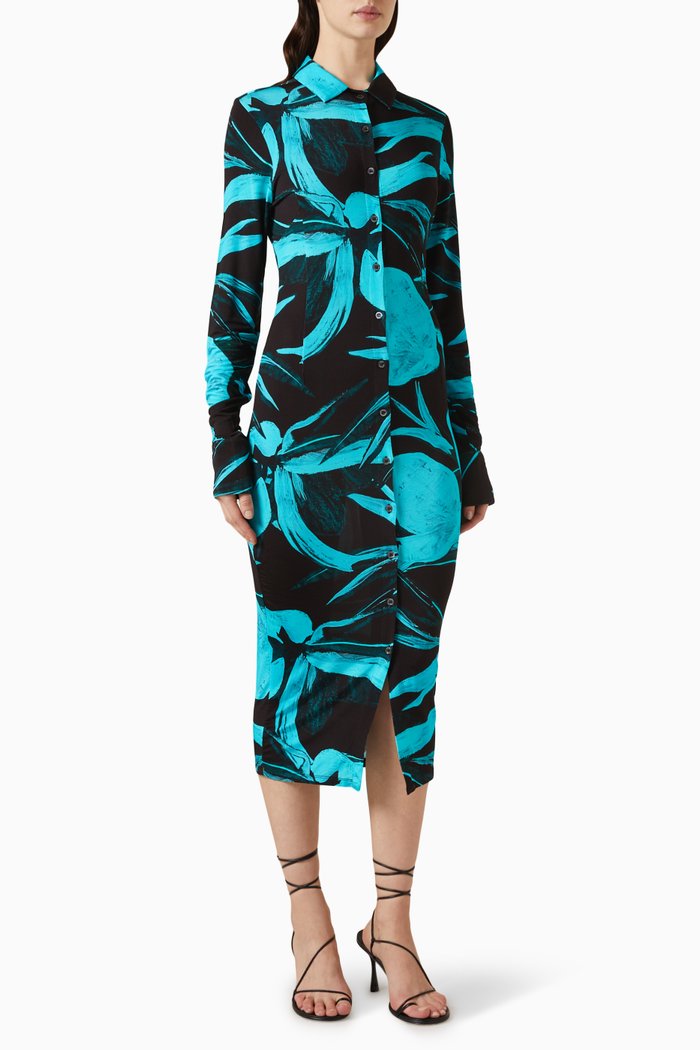 

Printed Midi Shirt Dress in Viscose, Blue