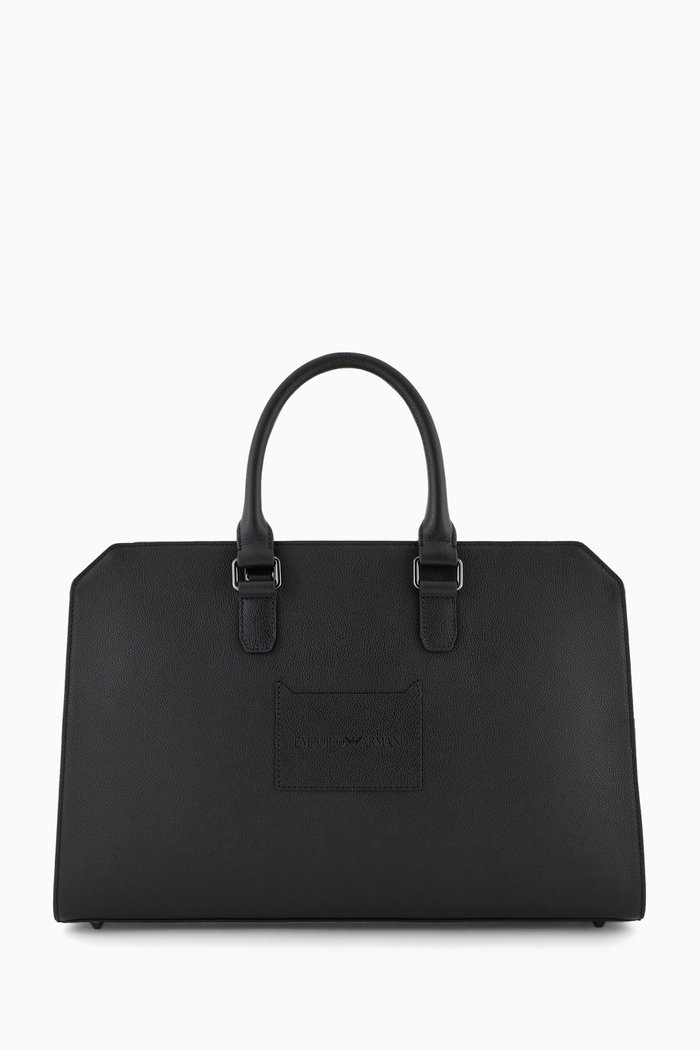 

EA Logo Laptop Bag in Grained Leather, Black