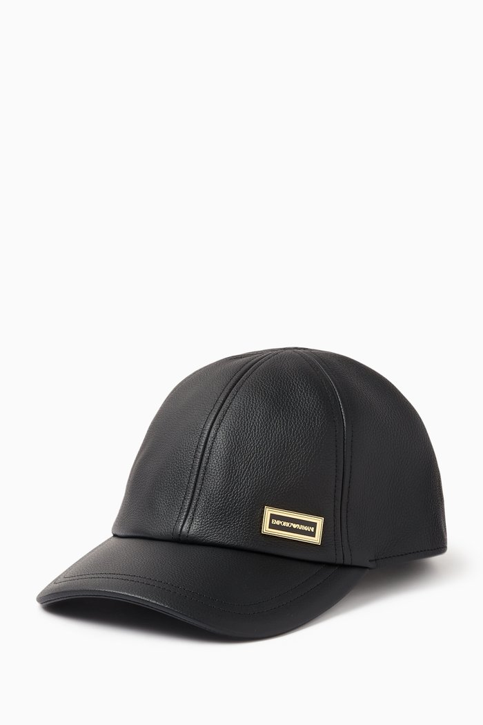

Logo Plaque Baseball Cap in Tumbled Leather, Black
