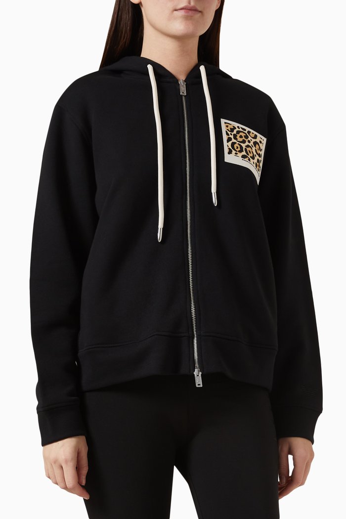 Leopard Patch Zip-up Hoodie in Jersey, Black