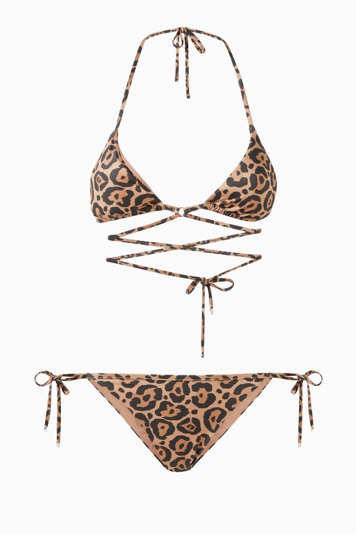Jaquar-print Bikini in Stretch Nylon, Brown