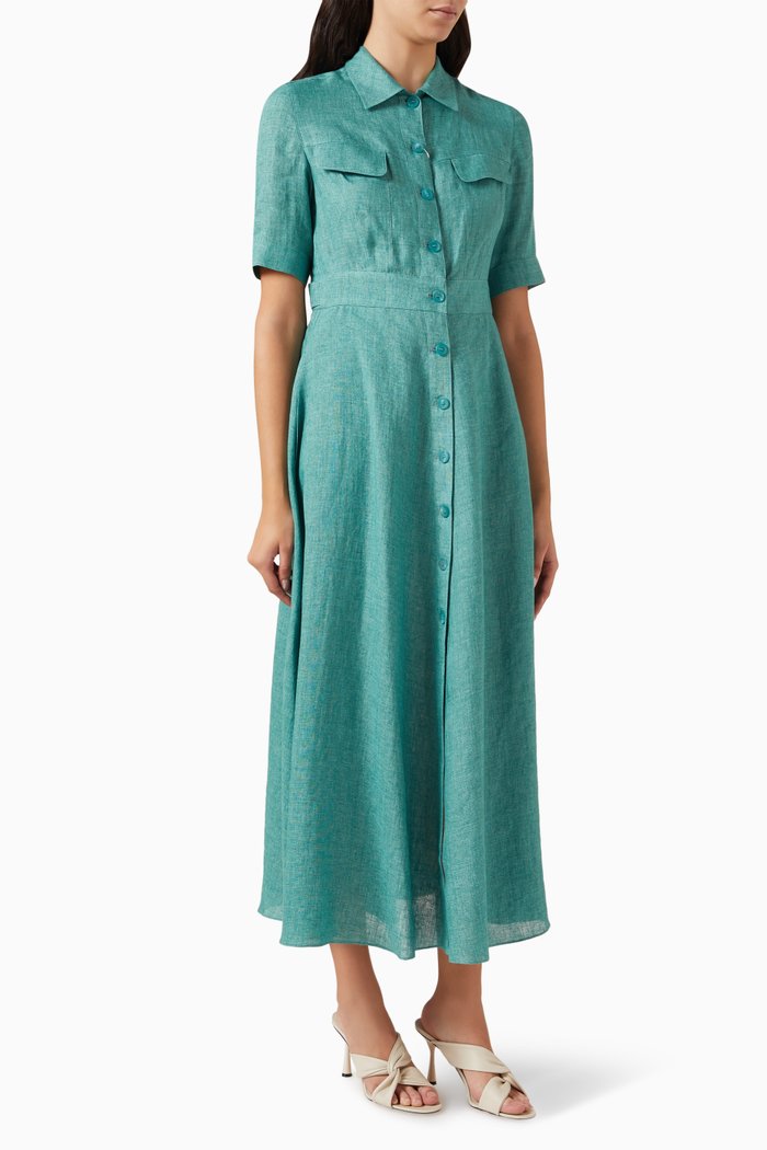 Button-down Shirt Dress in Linen-blend, Green