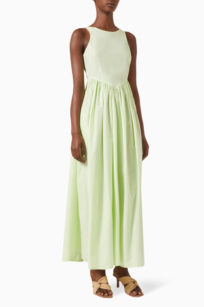 

Pleated Maxi Dress in Cotton, Green