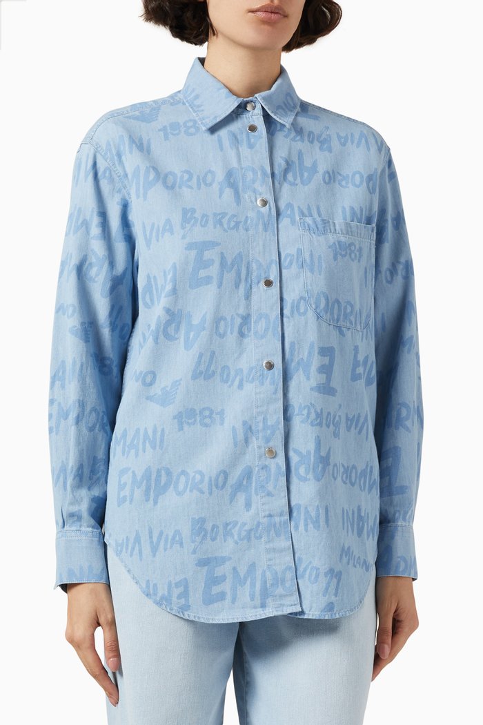 

All-over Logo Shirt in Cotton-denim, Blue