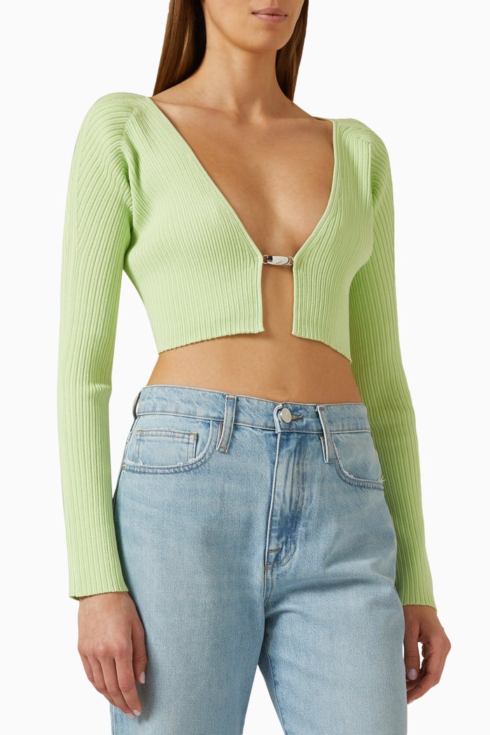 Ribbed-knit Cropped Cardigan, Green