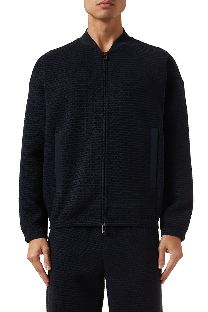 

Flocked Logo Zip Jacket in Cotton-blend, Blue