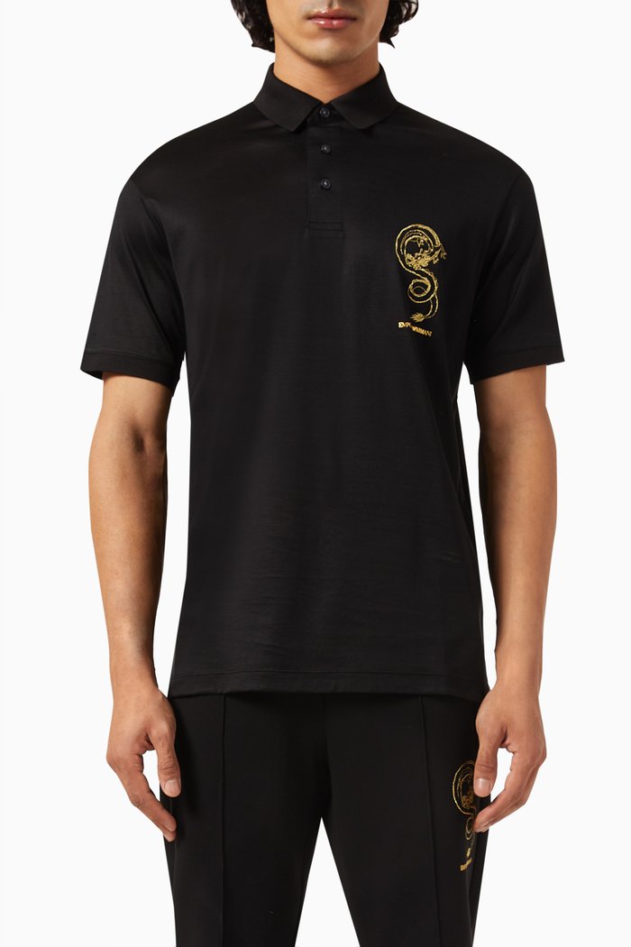 Dragon Logo Polo Shirt in Cotton Blend, Black