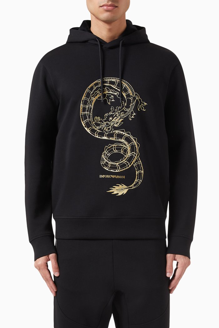 

EA Logo Dragon Print Hooded Sweatshirt in Cotton Jersey, Black