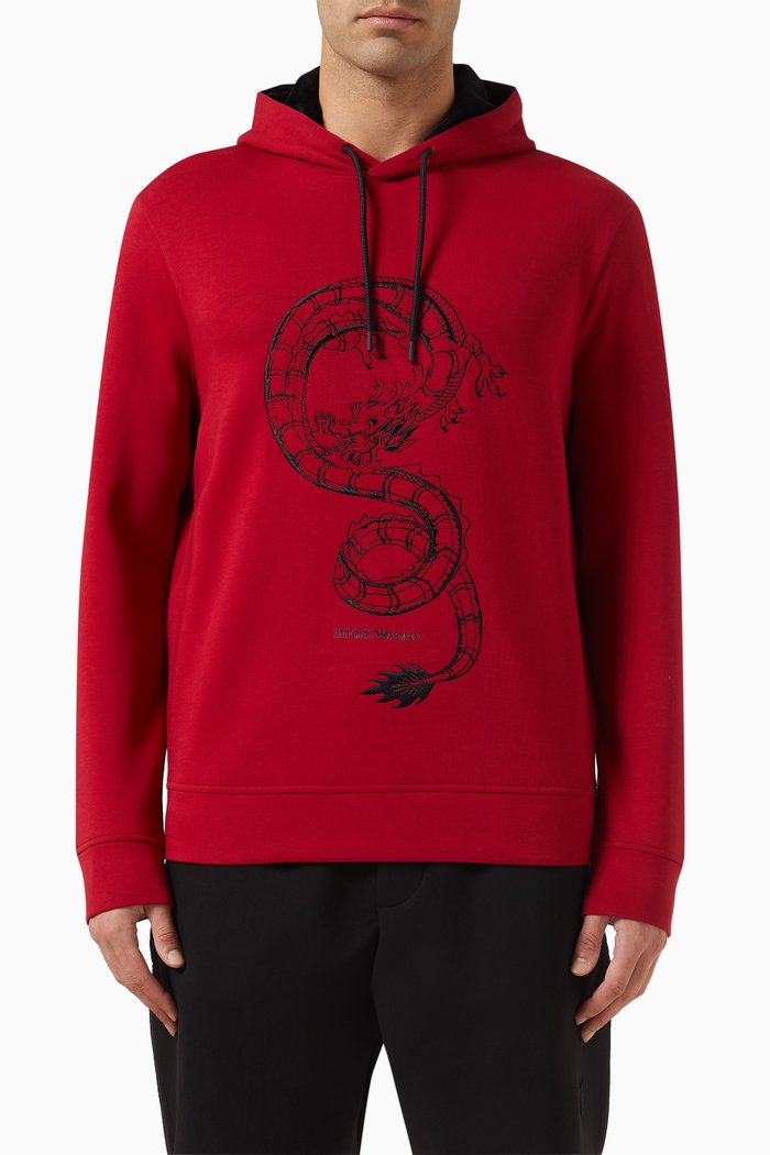 

EA Logo Dragon Print Hooded Sweatshirt in Cotton Jersey, Red