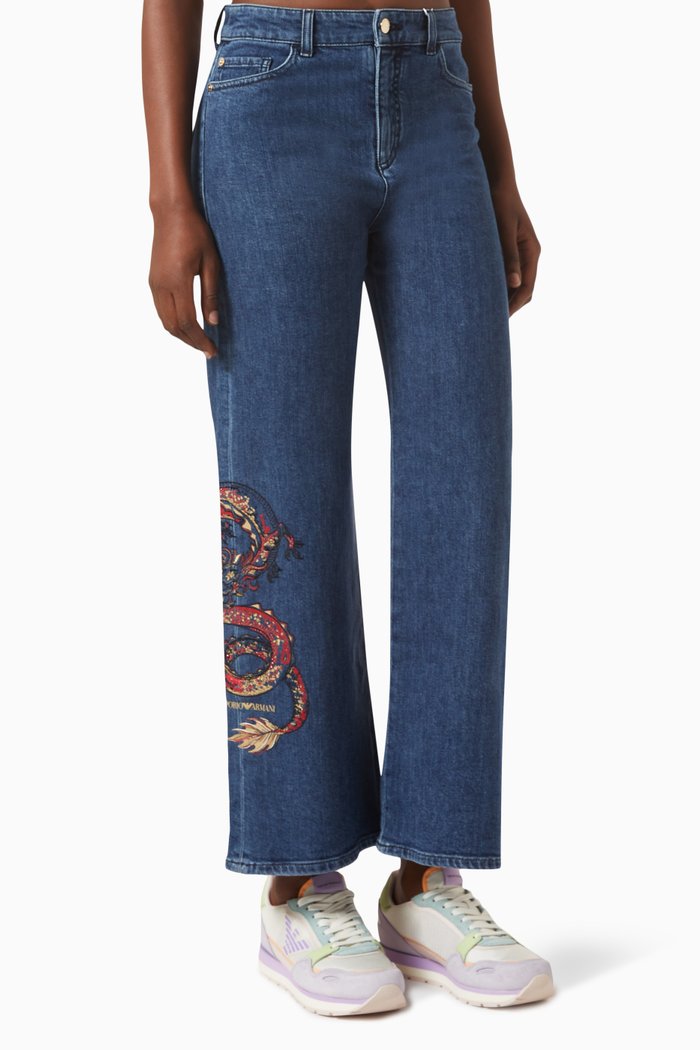 

Snake Embroidered Jeans in Denim, Blue