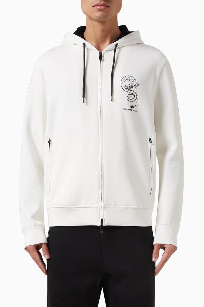 

EA Logo Dragon Print Zip-up Hoodie in Cotton Jersey, White
