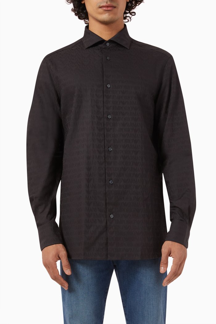 Micro EA Logo Shirt in Cotton Jacquard, Black