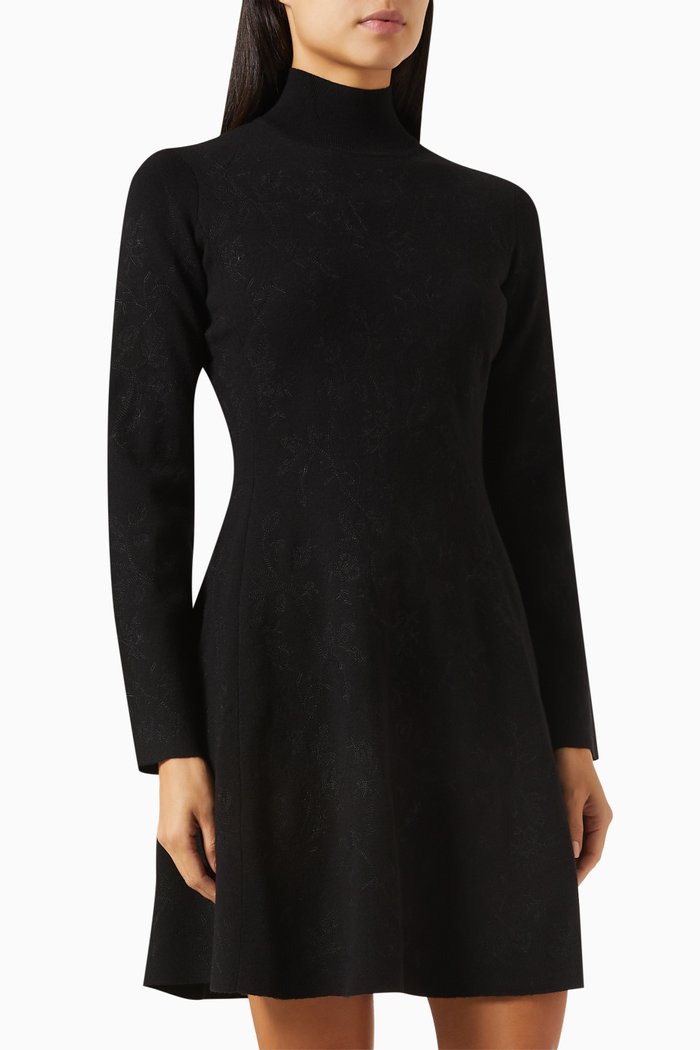 

Floral-embroidered Turtleneck Mini Dress, Black