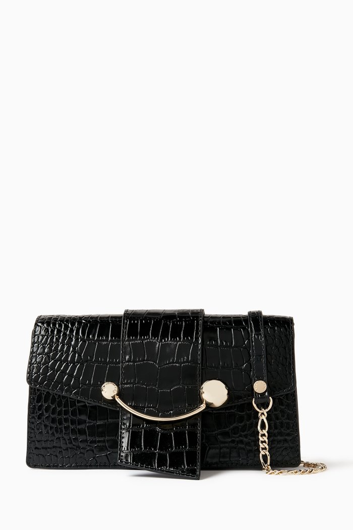 

Crescent Chain Shoulder Bag in Croc-embossed Leather, Black