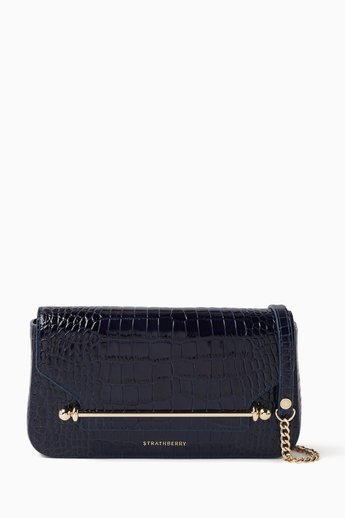 

East/West Omni Clutch Bag in Croc-embossed Leather, Blue