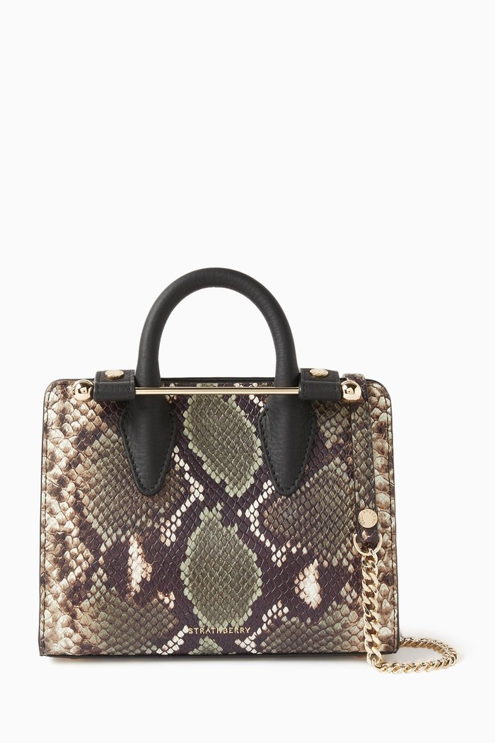 Nano Tote Bag in Snake-embossed Leather, Green