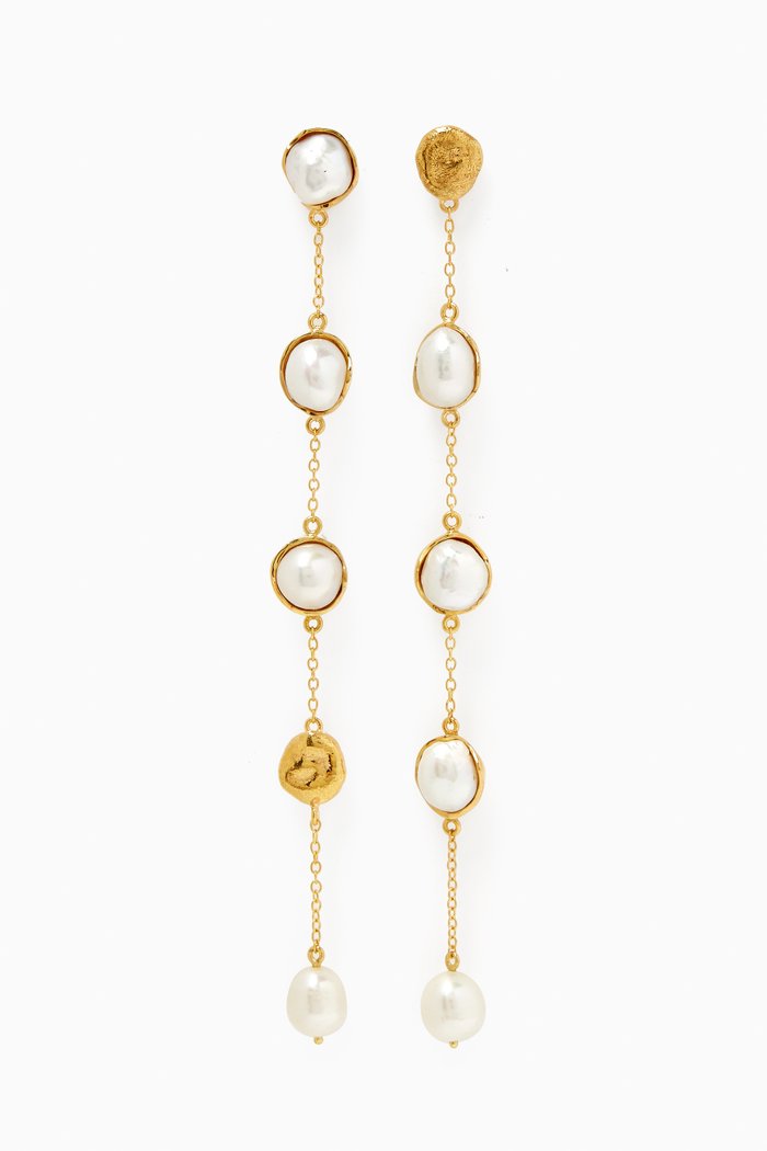 

Dangling Chain Pearl Earrings in 18kt Gold-plated Brass, White