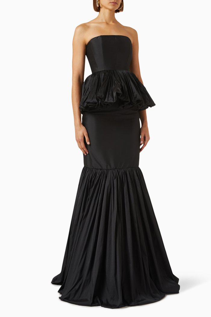 Tulipe Peplum Dress in Taffeta, Black