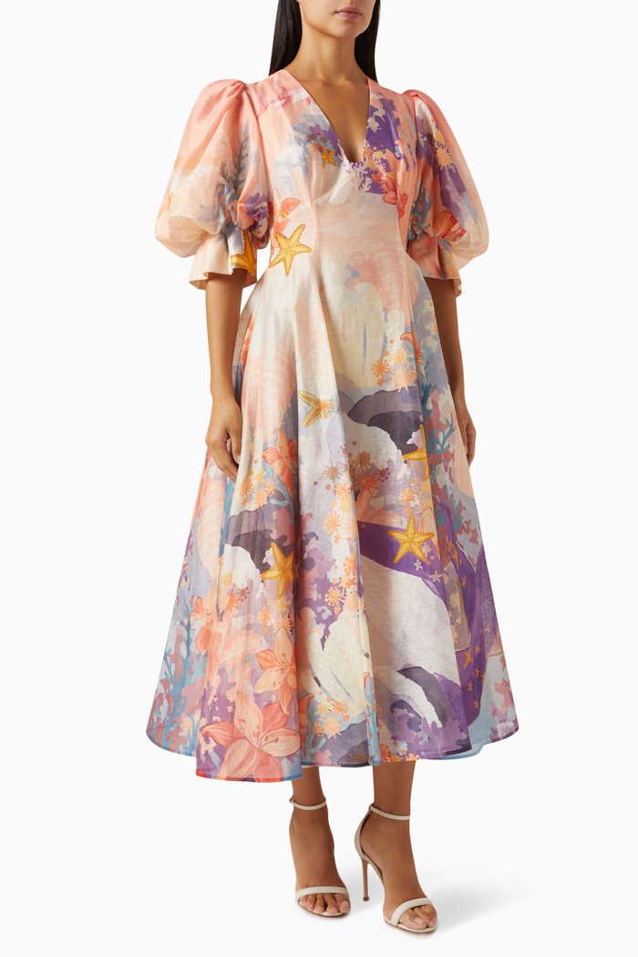 

Lara V-neck Maxi Dress in Linen Blend, Multicolour