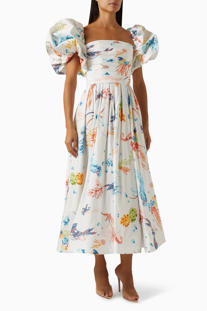

Matilda Puff-sleeve Midi Dress in Cotton, White